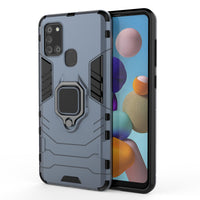HKM-433939 Samsung A21S Compatible Steel Ring Bracket Phone Case in Pure Black, Blue-Black, and Wine Red