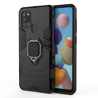 HKM-433939 Samsung A21S Compatible Steel Ring Bracket Phone Case in Pure Black, Blue-Black, and Wine Red