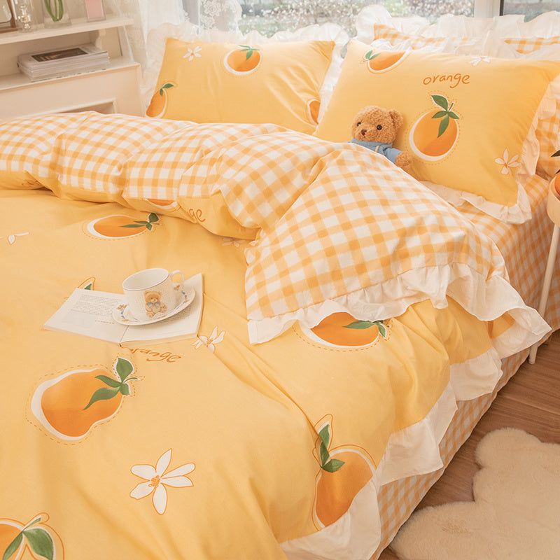 HKM-434003 Korean Style 100% Cotton Four-Piece Bed Skirt Set with Floral and Animal Patterns