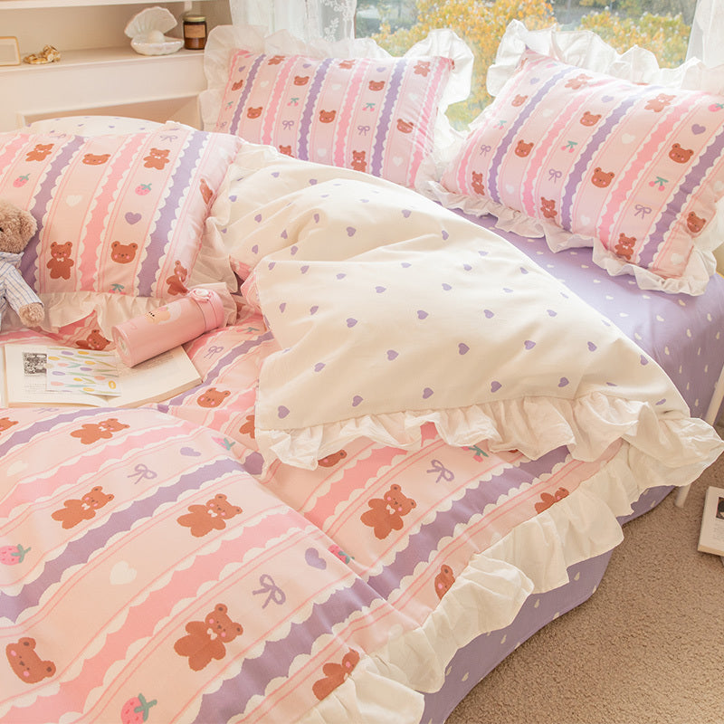 HKM-434003 Korean Style 100% Cotton Four-Piece Bed Skirt Set with Floral and Animal Patterns