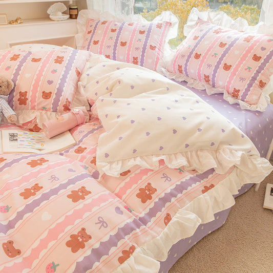 HKM-434003 Korean Style 100% Cotton Four-Piece Bed Skirt Set with Floral and Animal Patterns