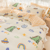 HKM-434003 Korean Style 100% Cotton Four-Piece Bed Skirt Set with Floral and Animal Patterns
