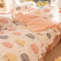 HKM-434003 Korean Style 100% Cotton Four-Piece Bed Skirt Set with Floral and Animal Patterns