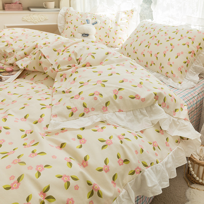 HKM-434003 Korean Style 100% Cotton Four-Piece Bed Skirt Set with Floral and Animal Patterns