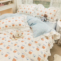 HKM-434003 Korean Style 100% Cotton Four-Piece Bed Skirt Set with Floral and Animal Patterns