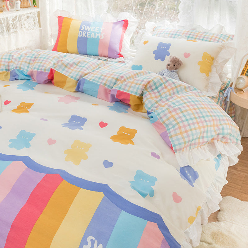 HKM-434003 Korean Style 100% Cotton Four-Piece Bed Skirt Set with Floral and Animal Patterns