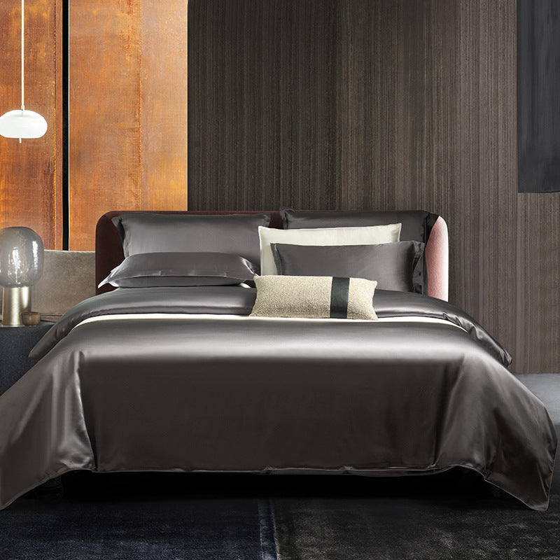HKM-434835 Double-Sided Real Silk Four-Piece Quilt Cover Set in Solid Colors for Various Bed Sizes