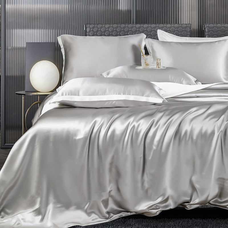 HKM-434835 Double-Sided Real Silk Four-Piece Quilt Cover Set in Solid Colors for Various Bed Sizes