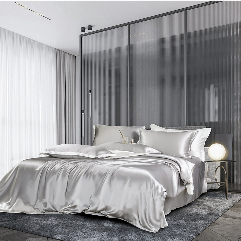 HKM-434835 Double-Sided Real Silk Four-Piece Quilt Cover Set in Solid Colors for Various Bed Sizes