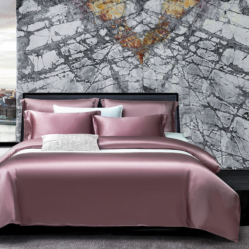 HKM-434835 Double-Sided Real Silk Four-Piece Quilt Cover Set in Solid Colors for Various Bed Sizes