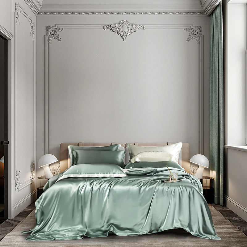 HKM-434835 Double-Sided Real Silk Four-Piece Quilt Cover Set in Solid Colors for Various Bed Sizes