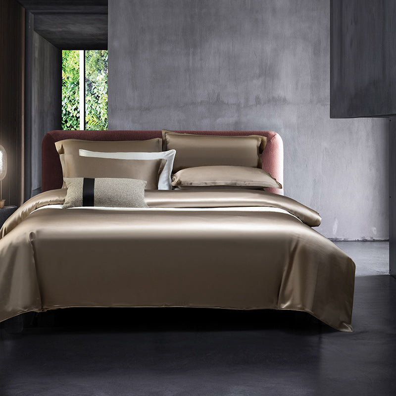 HKM-434835 Double-Sided Real Silk Four-Piece Quilt Cover Set in Solid Colors for Various Bed Sizes