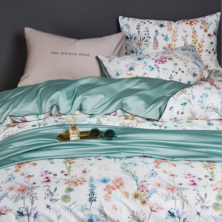 HKM-435155 Cotton Satin Four-Piece Bedding Set for Full Beds – Includes Duvet Cover, Bed Sheet, and Pillowcases