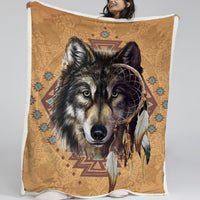 HKM-435987 Cozy Sherpa Fleece Blanket with Fluffy Wolf Head Pattern for Adults and Kids