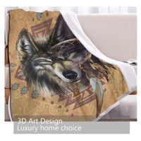 HKM-435987 Cozy Sherpa Fleece Blanket with Fluffy Wolf Head Pattern for Adults and Kids