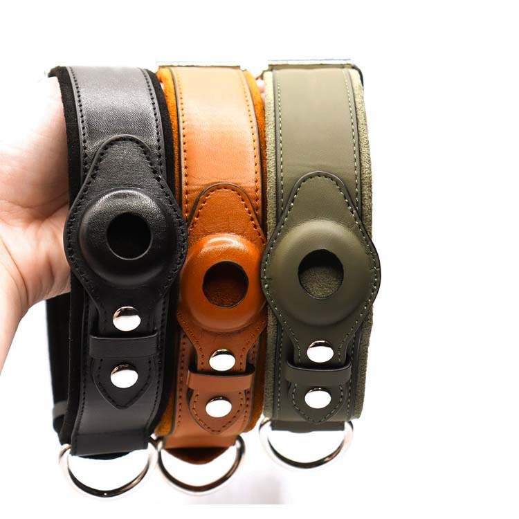HKM-435987 Leather Location Tracker Dog Collar in Monochrome Colors - Black, Army Green, Orange