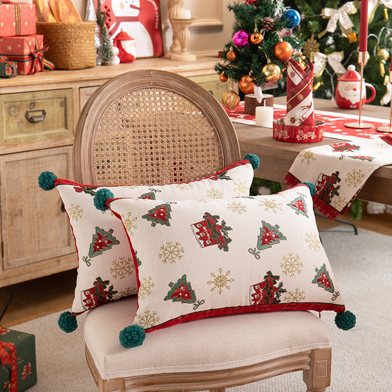 HKM-436947 Yarn-Dyed Jacquard Christmas Tree Pillow Cover with Elk and Snowflake Design, 30x50cm