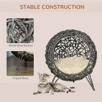 HKM-437139 Rattan Elevated Cat Bed House with Removable Cushion - Silver-Tone and Grey, Ball-Shaped Design
