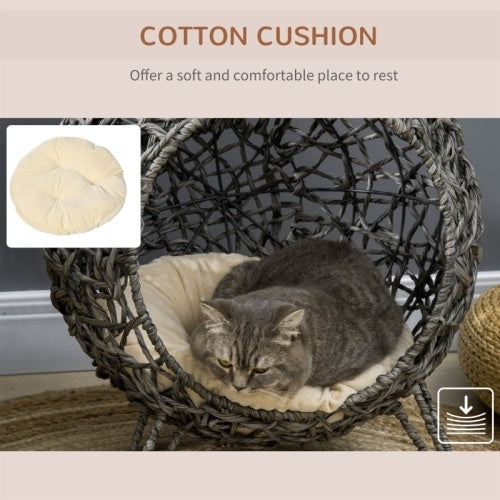 HKM-437139 Rattan Elevated Cat Bed House with Removable Cushion - Silver-Tone and Grey, Ball-Shaped Design