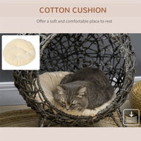 HKM-437139 Rattan Elevated Cat Bed House with Removable Cushion - Silver-Tone and Grey, Ball-Shaped Design
