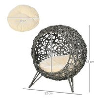HKM-437139 Rattan Elevated Cat Bed House with Removable Cushion - Silver-Tone and Grey, Ball-Shaped Design