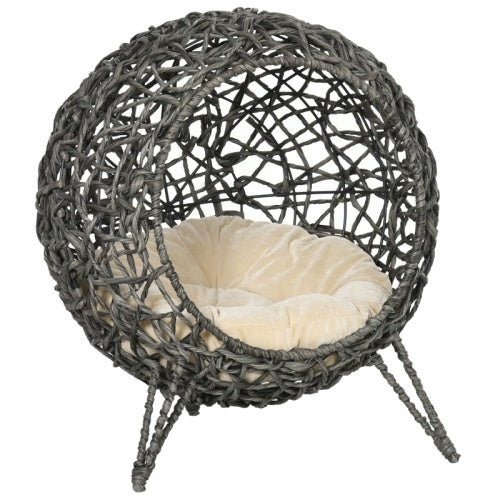 HKM-437139 Rattan Elevated Cat Bed House with Removable Cushion - Silver-Tone and Grey, Ball-Shaped Design