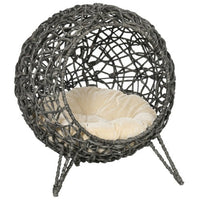 HKM-437139 Rattan Elevated Cat Bed House with Removable Cushion - Silver-Tone and Grey, Ball-Shaped Design
