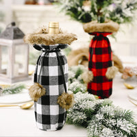 HKM-437267 Creative Mechanical Sewing Wine Bottle Cover - Red & Black Check Cloth, 30cm Height