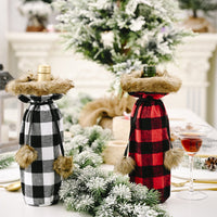 HKM-437267 Creative Mechanical Sewing Wine Bottle Cover - Red & Black Check Cloth, 30cm Height