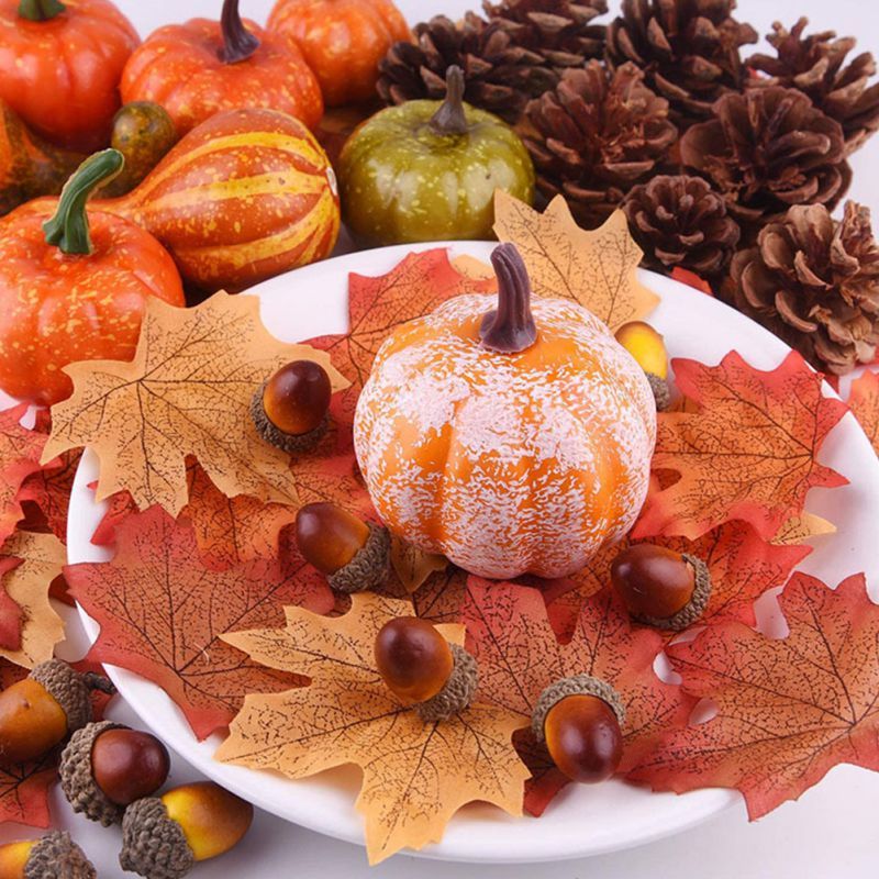 HKM-437907 Thanksgiving Decor Set with 50 Realistic Acorns, Pumpkins, Maple Leaves, and Pine Cones