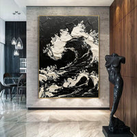 HKM-439379 Large Contemporary Hand-painted Black and White Sea Waves Abstract Oil Painting on Canvas - Unframed, Various Sizes