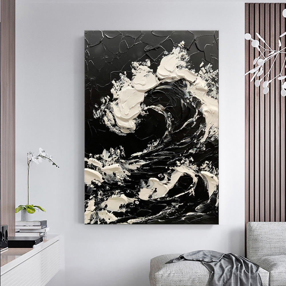 HKM-439379 Large Contemporary Hand-painted Black and White Sea Waves Abstract Oil Painting on Canvas - Unframed, Various Sizes