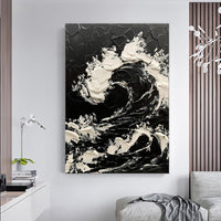 HKM-439379 Large Contemporary Hand-painted Black and White Sea Waves Abstract Oil Painting on Canvas - Unframed, Various Sizes