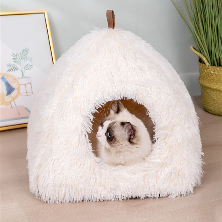 HKM-439571 Plush Triangle Cat Nest - Fashionable and Compressible Cat Bed in White