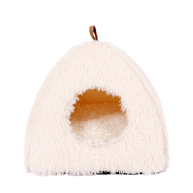 HKM-439571 Plush Triangle Cat Nest - Fashionable and Compressible Cat Bed in White
