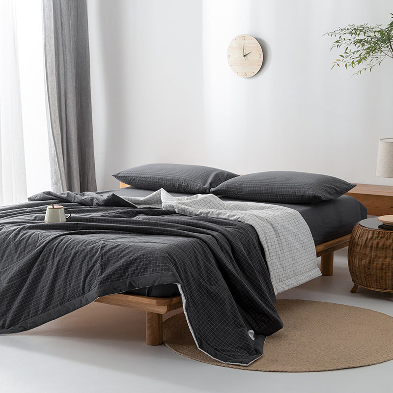 HKM-440275 Cotton Yarn-Dyed Washed Summer Quilt Set with Bed Sheet and Pillowcases - Available in Multiple Sizes