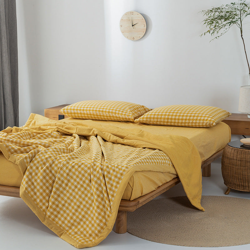 HKM-440275 Cotton Yarn-Dyed Washed Summer Quilt Set with Bed Sheet and Pillowcases - Available in Multiple Sizes