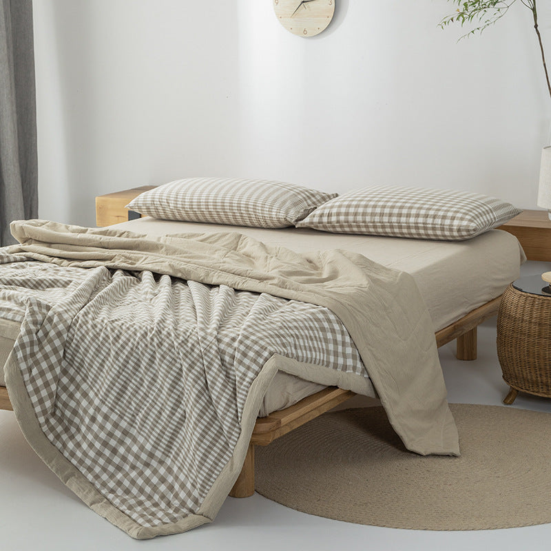 HKM-440275 Cotton Yarn-Dyed Washed Summer Quilt Set with Bed Sheet and Pillowcases - Available in Multiple Sizes