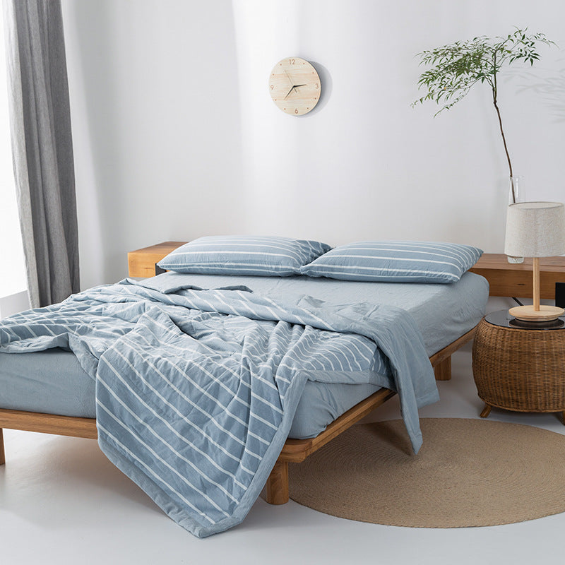 HKM-440275 Cotton Yarn-Dyed Washed Summer Quilt Set with Bed Sheet and Pillowcases - Available in Multiple Sizes