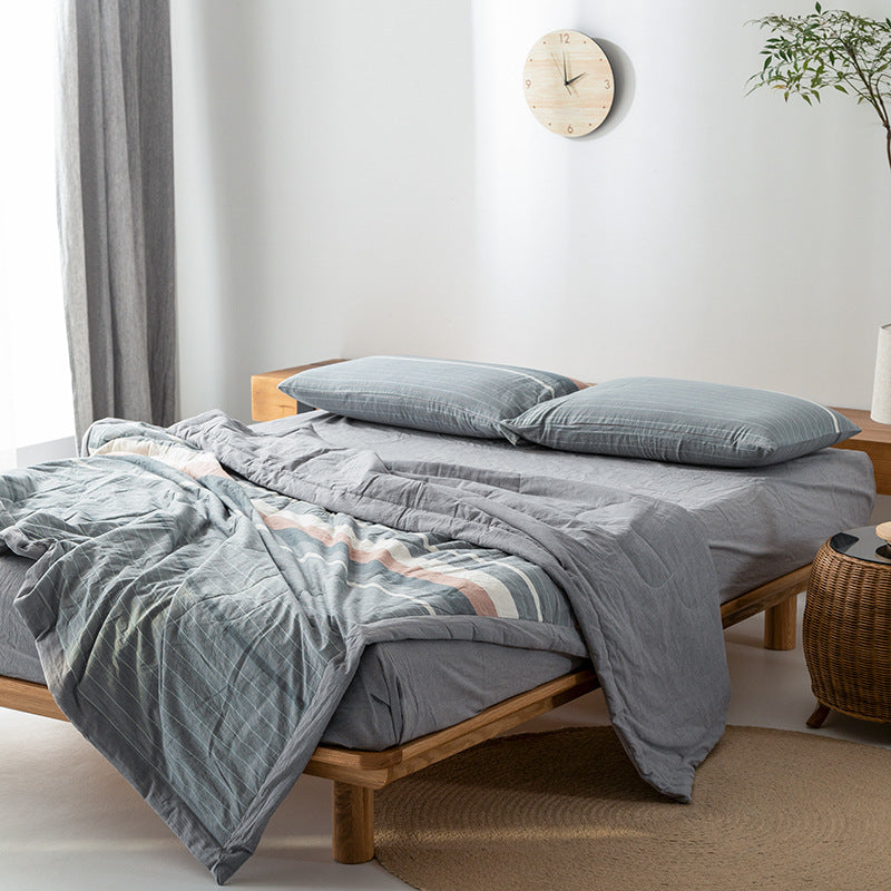 HKM-440275 Cotton Yarn-Dyed Washed Summer Quilt Set with Bed Sheet and Pillowcases - Available in Multiple Sizes