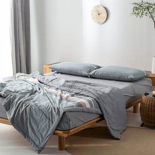 HKM-440275 Cotton Yarn-Dyed Washed Summer Quilt Set with Bed Sheet and Pillowcases - Available in Multiple Sizes