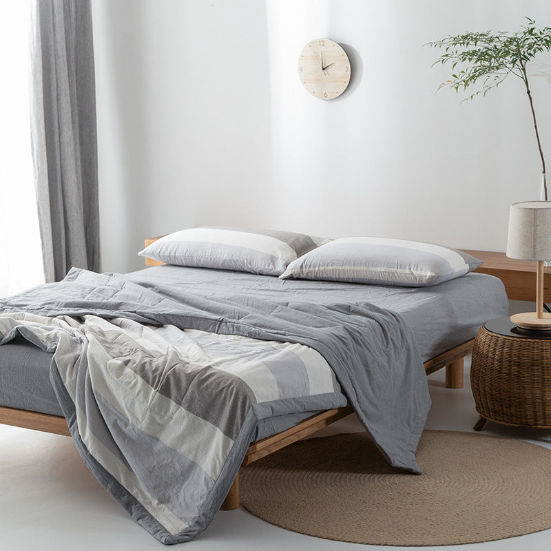 HKM-440275 Cotton Yarn-Dyed Washed Summer Quilt Set with Bed Sheet and Pillowcases - Available in Multiple Sizes