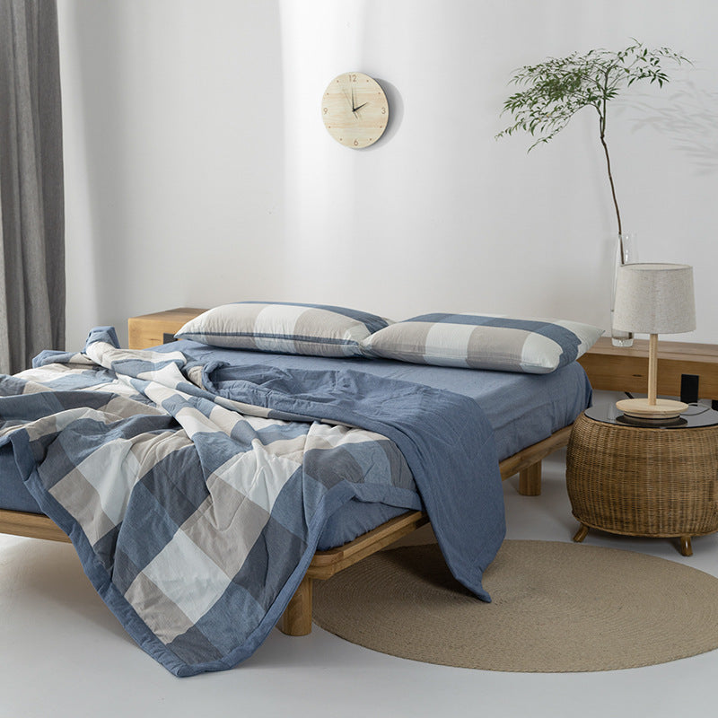 HKM-440275 Cotton Yarn-Dyed Washed Summer Quilt Set with Bed Sheet and Pillowcases - Available in Multiple Sizes