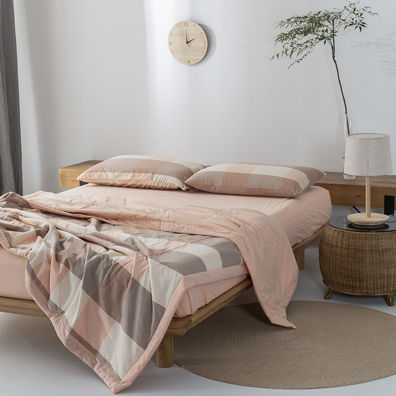 HKM-440275 Cotton Yarn-Dyed Washed Summer Quilt Set with Bed Sheet and Pillowcases - Available in Multiple Sizes