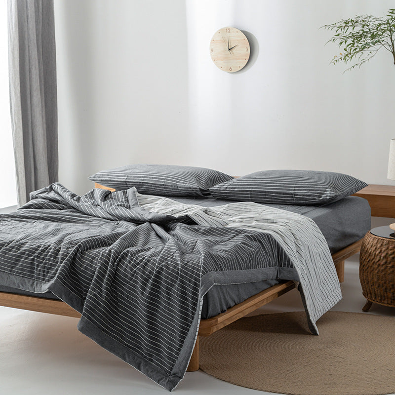 HKM-440275 Cotton Yarn-Dyed Washed Summer Quilt Set with Bed Sheet and Pillowcases - Available in Multiple Sizes