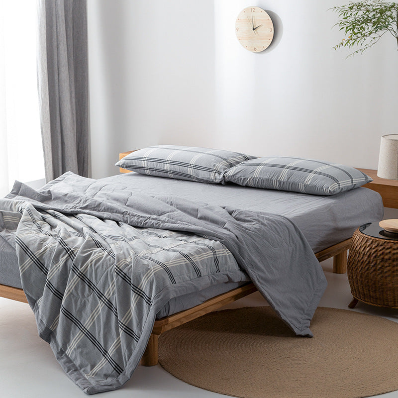 HKM-440275 Cotton Yarn-Dyed Washed Summer Quilt Set with Bed Sheet and Pillowcases - Available in Multiple Sizes