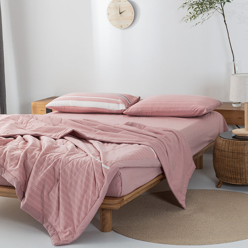 HKM-440275 Cotton Yarn-Dyed Washed Summer Quilt Set with Bed Sheet and Pillowcases - Available in Multiple Sizes