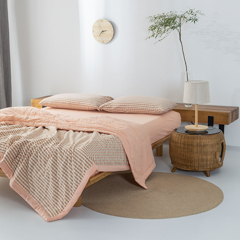 HKM-440275 Cotton Yarn-Dyed Washed Summer Quilt Set with Bed Sheet and Pillowcases - Available in Multiple Sizes