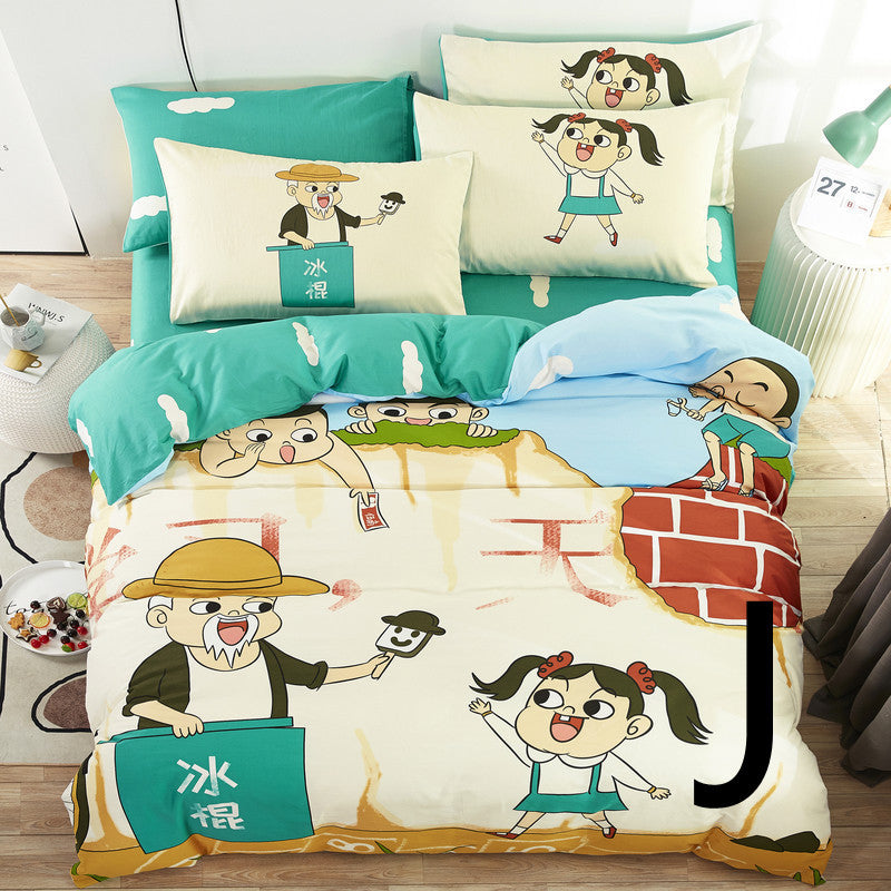 HKM-440275 Cute Cartoon Cotton Bedding Set for Kids - Quilt, Bed Sheet, and Pillow Covers Available in Various Sizes