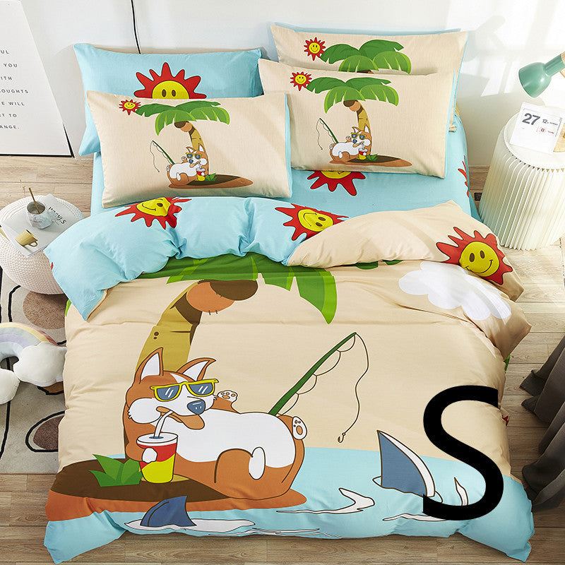 HKM-440275 Cute Cartoon Cotton Bedding Set for Kids - Quilt, Bed Sheet, and Pillow Covers Available in Various Sizes
